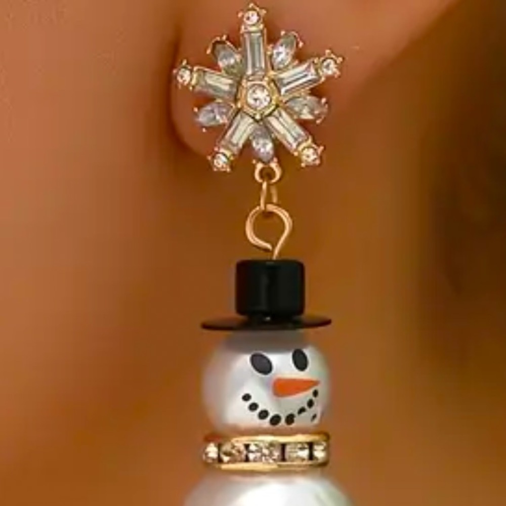 Gold and White Snowflake and Snowman Earrings New